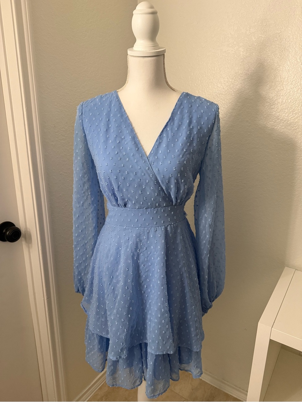 Jessica Simpson Blue Long Sleeve Wrap Dress with Bow Detail